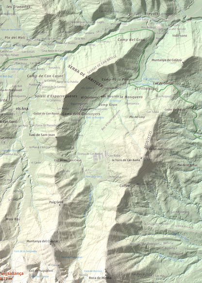 Mapa de relieve de Puigsallança, 1027 m, Garrotxa, lámina 100 Cims de Trobart. Detalle de la zona superior derecha. 50 × 70 cm.