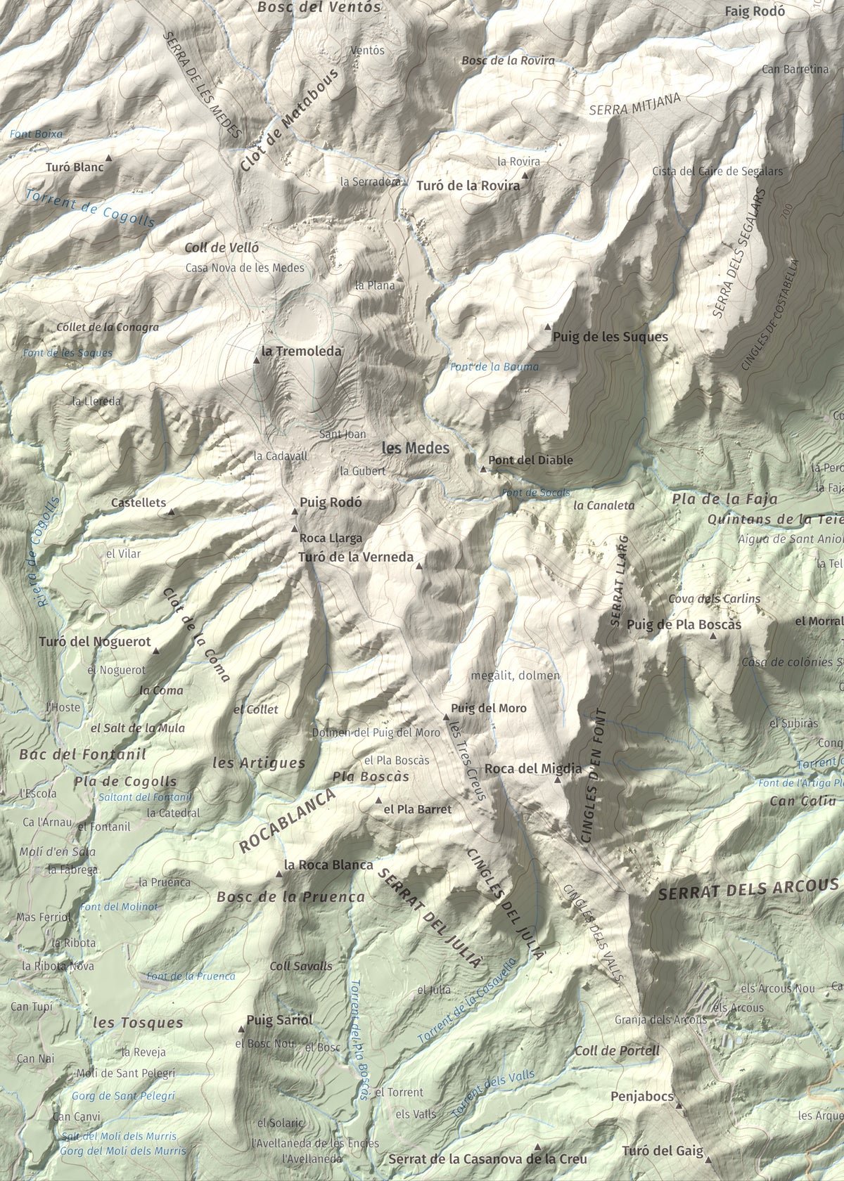 Mapa de relieve de Puigsallança, 1027 m, Garrotxa, lámina 100 Cims de Trobart. Detalle de la zona inferior izquierda. 50 × 70 cm.