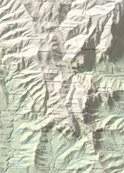 Mapa de relieve de Puigsallança, 1027 m, Garrotxa, lámina 100 Cims de Trobart. Detalle de la zona inferior izquierda. 50 × 70 cm.