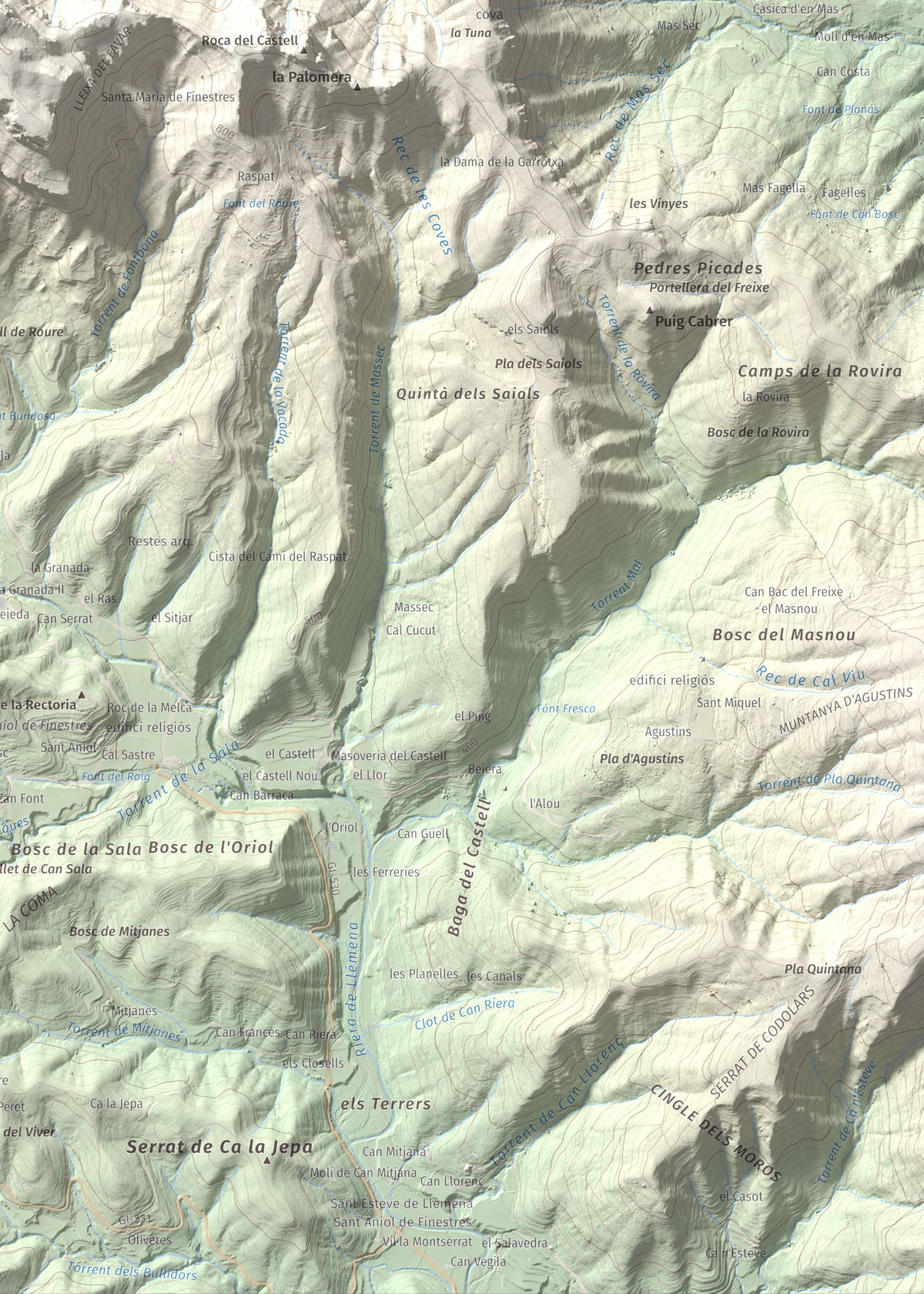 Mapa de relieve de Puigsallança, 1027 m, Garrotxa, lámina 100 Cims de Trobart. Detalle de la zona inferior derecha. 50 × 70 cm.
