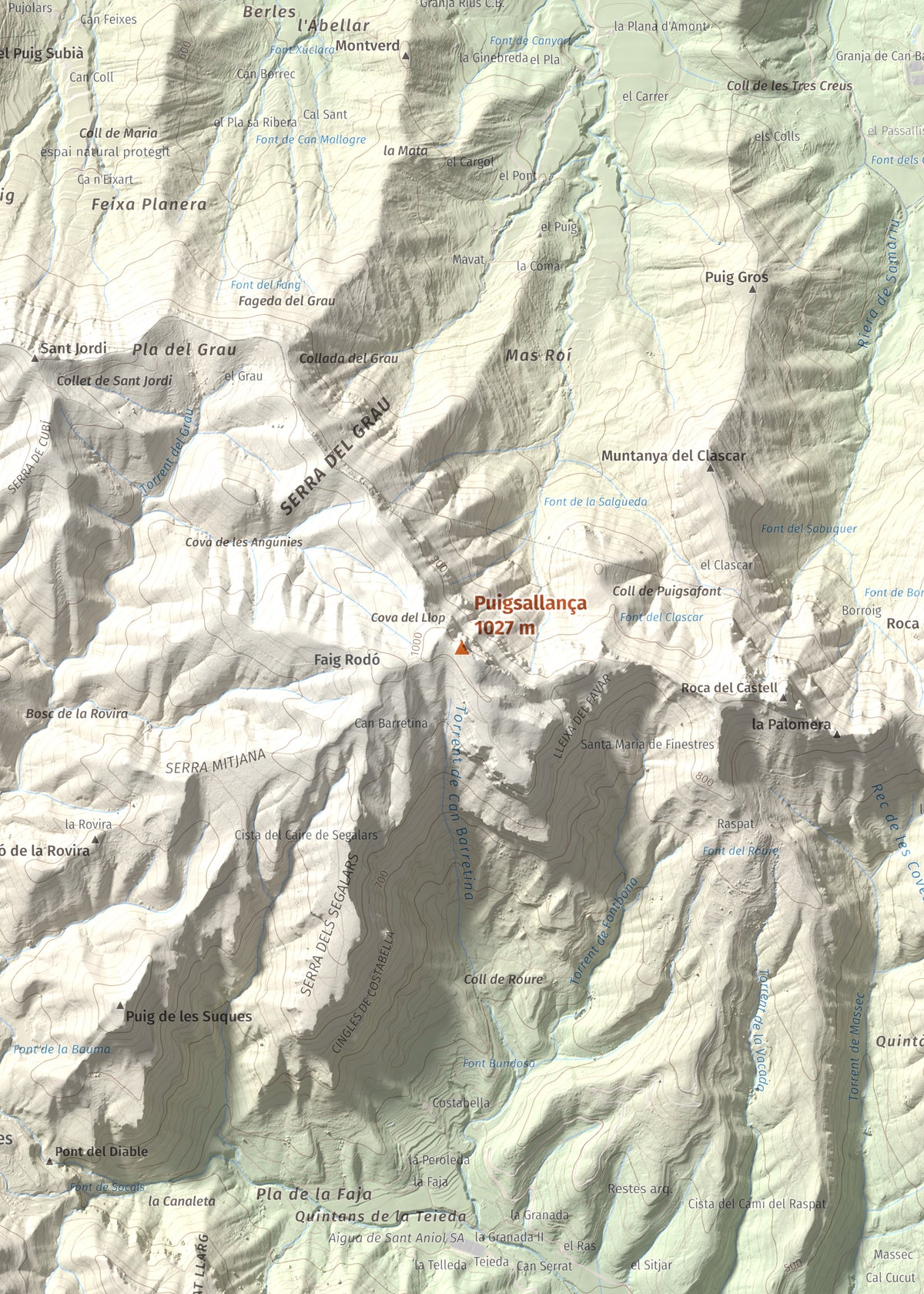 Mapa de relieve de Puigsallança, 1027 m, Garrotxa, lámina 100 Cims de Trobart. Detalle de la zona central. 50 × 70 cm.
