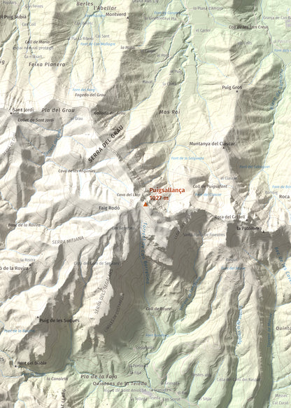 Mapa de relieve de Puigsallança, 1027 m, Garrotxa, lámina 100 Cims de Trobart. Detalle de la zona central. 50 × 70 cm.