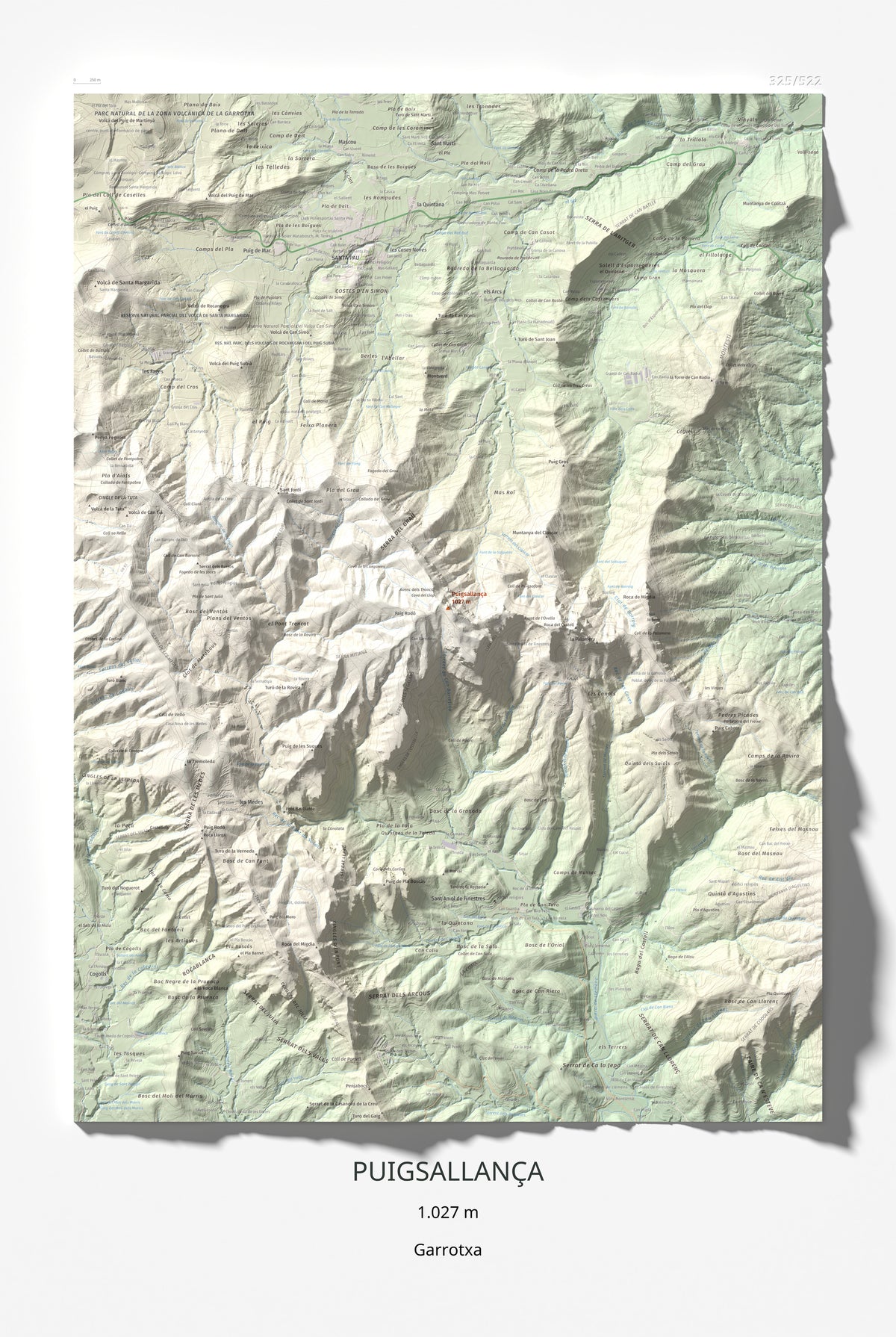Mapa de relieve de Puigsallança, 1027 m, Garrotxa, lámina 100 Cims de Trobart 61 × 91 cm.