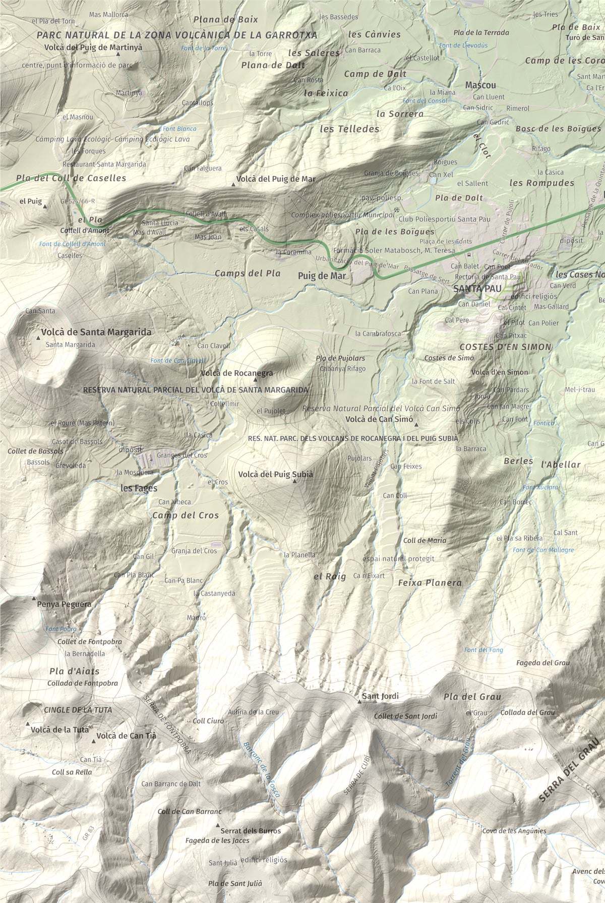Mapa de relieve de Puigsallança, 1027 m, Garrotxa, lámina 100 Cims de Trobart. Detalle de la zona superior izquierda. 61 × 91 cm.