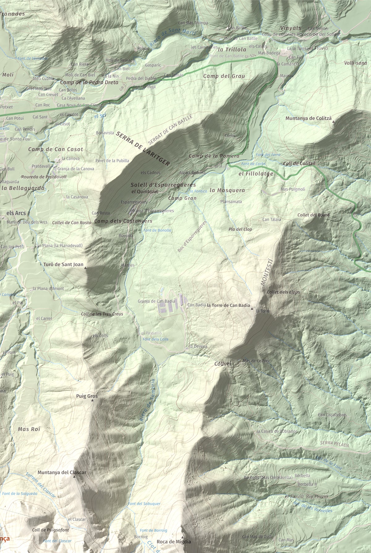 Mapa de relieve de Puigsallança, 1027 m, Garrotxa, lámina 100 Cims de Trobart. Detalle de la zona superior derecha. 61 × 91 cm.