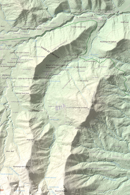 Mapa de relieve de Puigsallança, 1027 m, Garrotxa, lámina 100 Cims de Trobart. Detalle de la zona superior derecha. 61 × 91 cm.