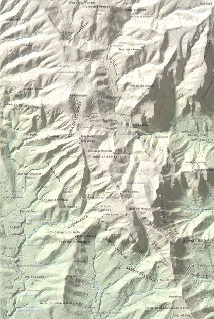 Mapa de relieve de Puigsallança, 1027 m, Garrotxa, lámina 100 Cims de Trobart. Detalle de la zona inferior izquierda. 61 × 91 cm.