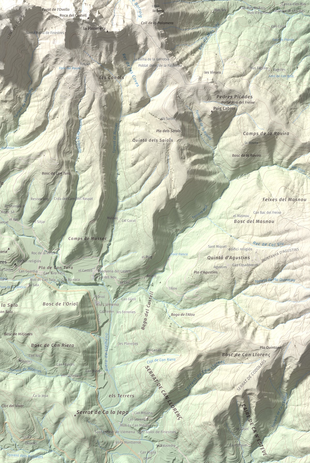 Mapa de relieve de Puigsallança, 1027 m, Garrotxa, lámina 100 Cims de Trobart. Detalle de la zona inferior derecha. 61 × 91 cm.