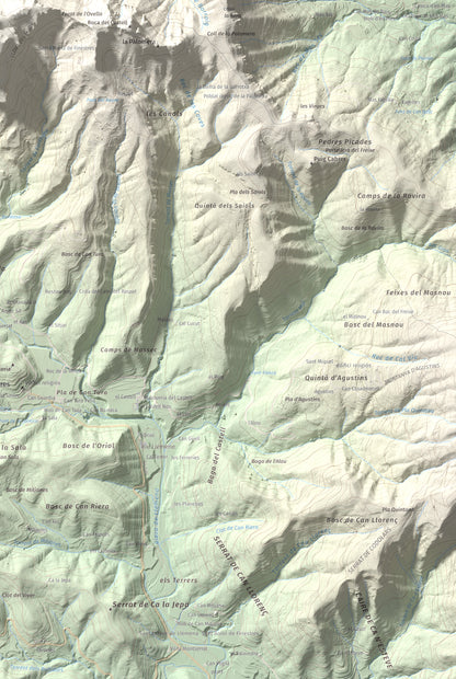 Mapa de relieve de Puigsallança, 1027 m, Garrotxa, lámina 100 Cims de Trobart. Detalle de la zona inferior derecha. 61 × 91 cm.