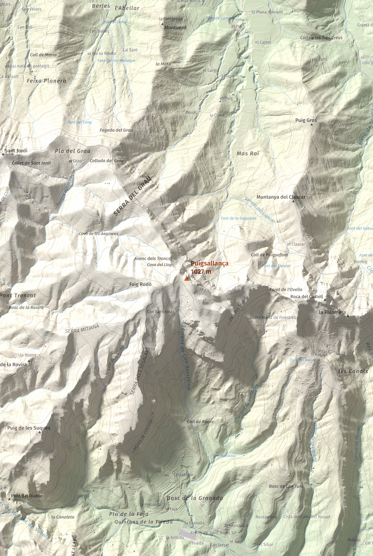 Mapa de relieve de Puigsallança, 1027 m, Garrotxa, lámina 100 Cims de Trobart. Detalle de la zona central. 61 × 91 cm.