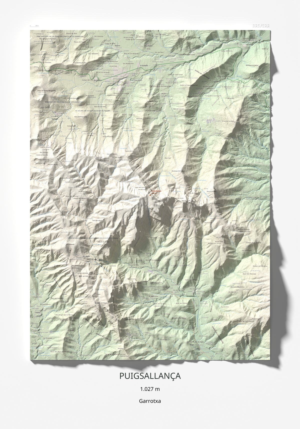 Mapa de relieve de Puigsallança, 1027 m, Garrotxa, lámina 100 Cims de Trobart 70 × 100 cm.