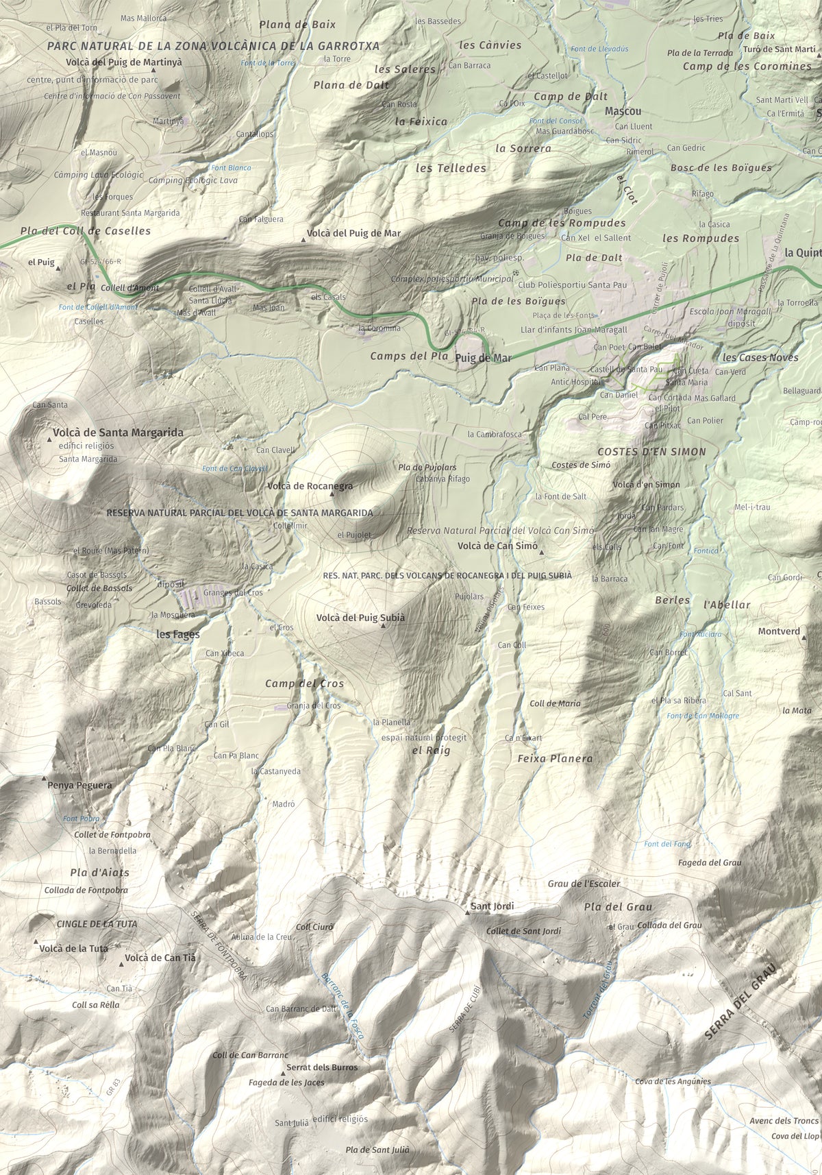 Mapa de relieve de Puigsallança, 1027 m, Garrotxa, lámina 100 Cims de Trobart. Detalle de la zona superior izquierda. 70 × 100 cm.