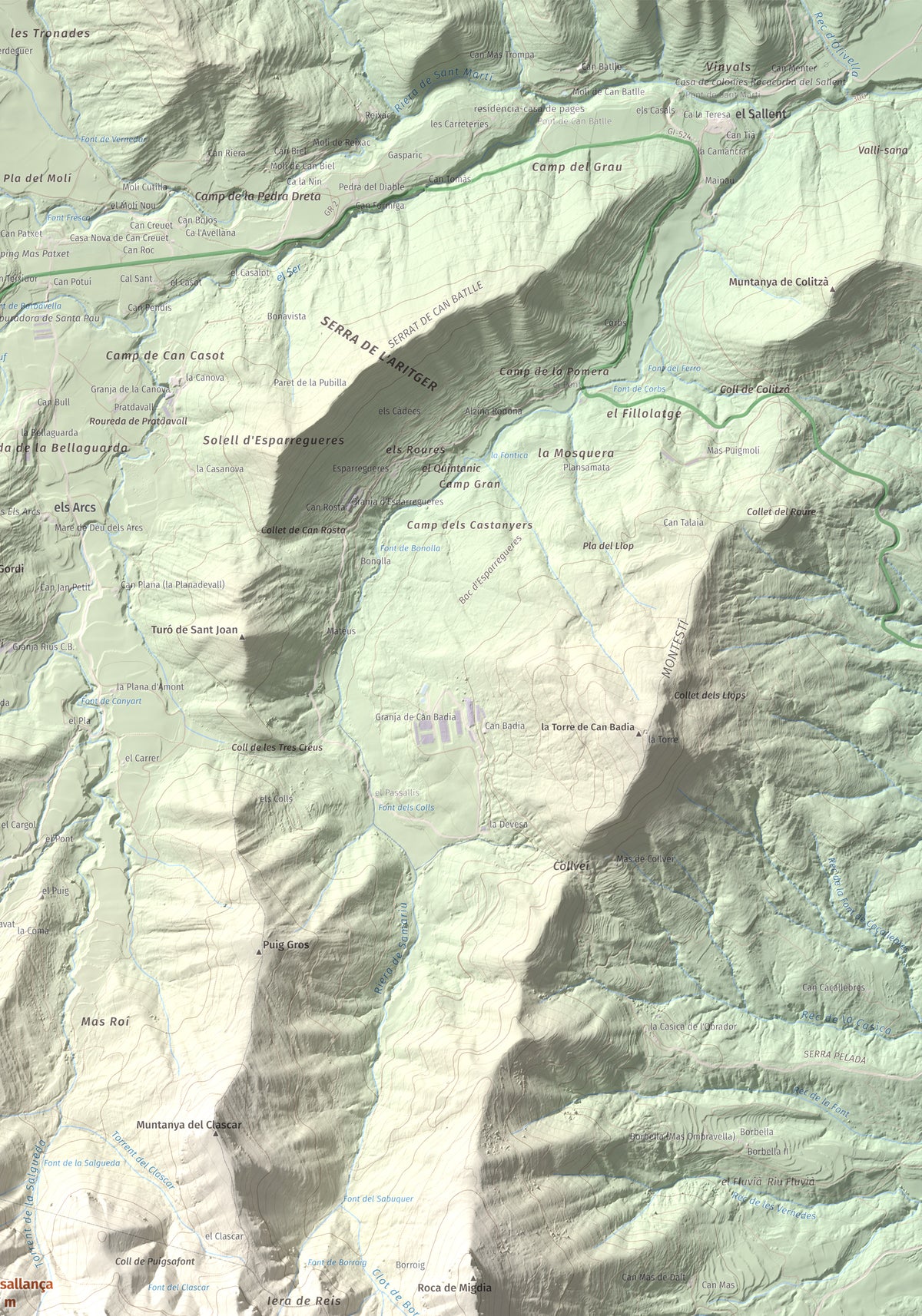 Mapa de relieve de Puigsallança, 1027 m, Garrotxa, lámina 100 Cims de Trobart. Detalle de la zona superior derecha. 70 × 100 cm.