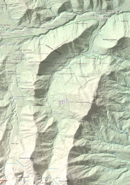 Mapa de relieve de Puigsallança, 1027 m, Garrotxa, lámina 100 Cims de Trobart. Detalle de la zona superior derecha. 70 × 100 cm.