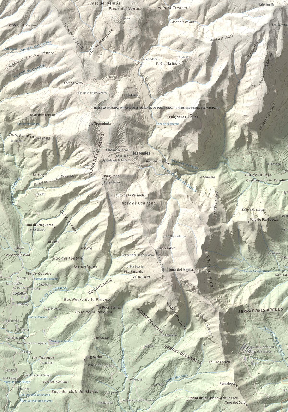 Mapa de relieve de Puigsallança, 1027 m, Garrotxa, lámina 100 Cims de Trobart. Detalle de la zona inferior izquierda. 70 × 100 cm.
