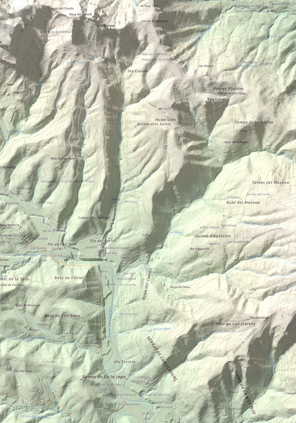 Mapa de relieve de Puigsallança, 1027 m, Garrotxa, lámina 100 Cims de Trobart. Detalle de la zona inferior derecha. 70 × 100 cm.