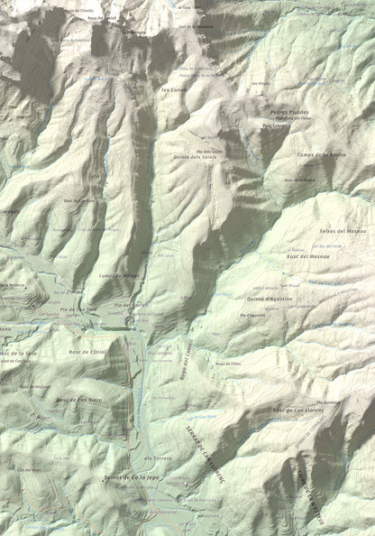 Mapa de relieve de Puigsallança, 1027 m, Garrotxa, lámina 100 Cims de Trobart. Detalle de la zona inferior derecha. 70 × 100 cm.