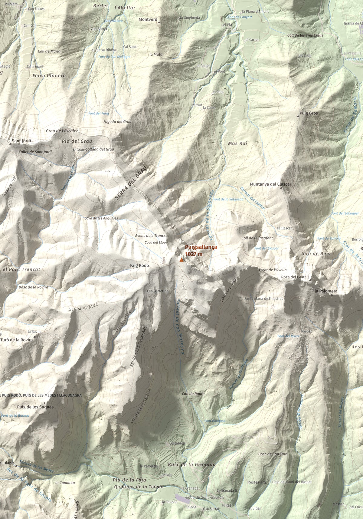 Mapa de relieve de Puigsallança, 1027 m, Garrotxa, lámina 100 Cims de Trobart. Detalle de la zona central. 70 × 100 cm.