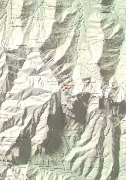 Mapa de relieve de Puigsallança, 1027 m, Garrotxa, lámina 100 Cims de Trobart. Detalle de la zona central. 70 × 100 cm.