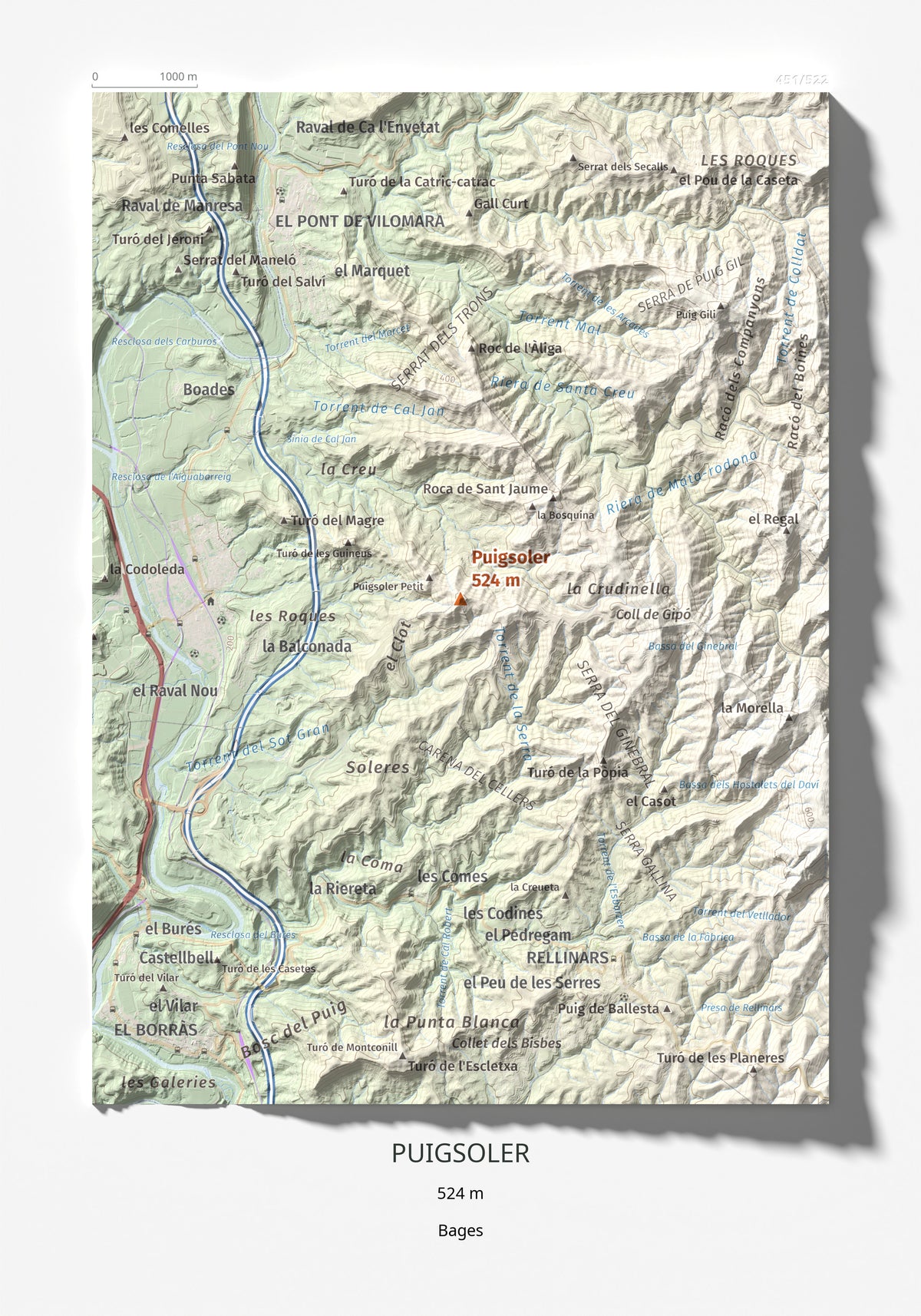 Mapa de relieve de Puigsoler, 524 m, Bages, lámina 100 Cims de Trobart 21 × 30 cm.
