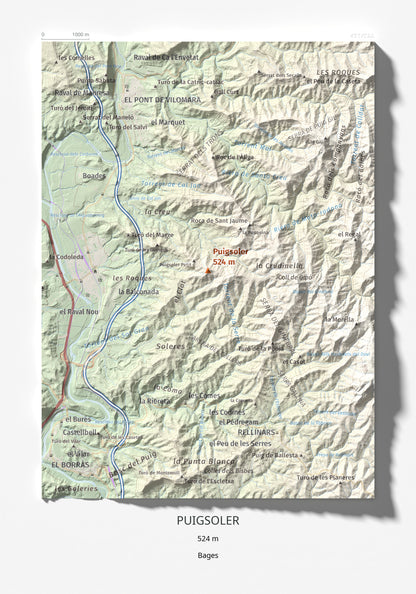 Mapa de relieve de Puigsoler, 524 m, Bages, lámina 100 Cims de Trobart 21 × 30 cm.