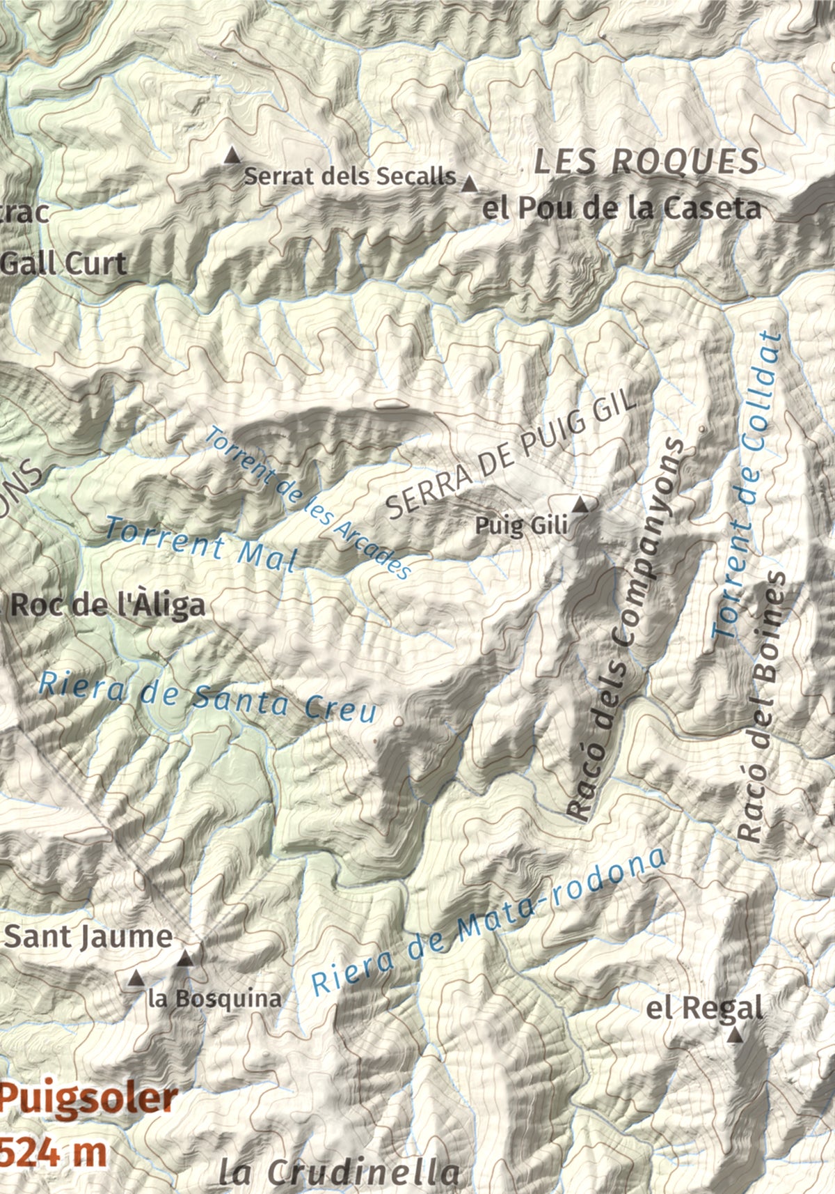 Mapa de relieve de Puigsoler, 524 m, Bages, lámina 100 Cims de Trobart. Detalle de la zona superior derecha. 21 × 30 cm.