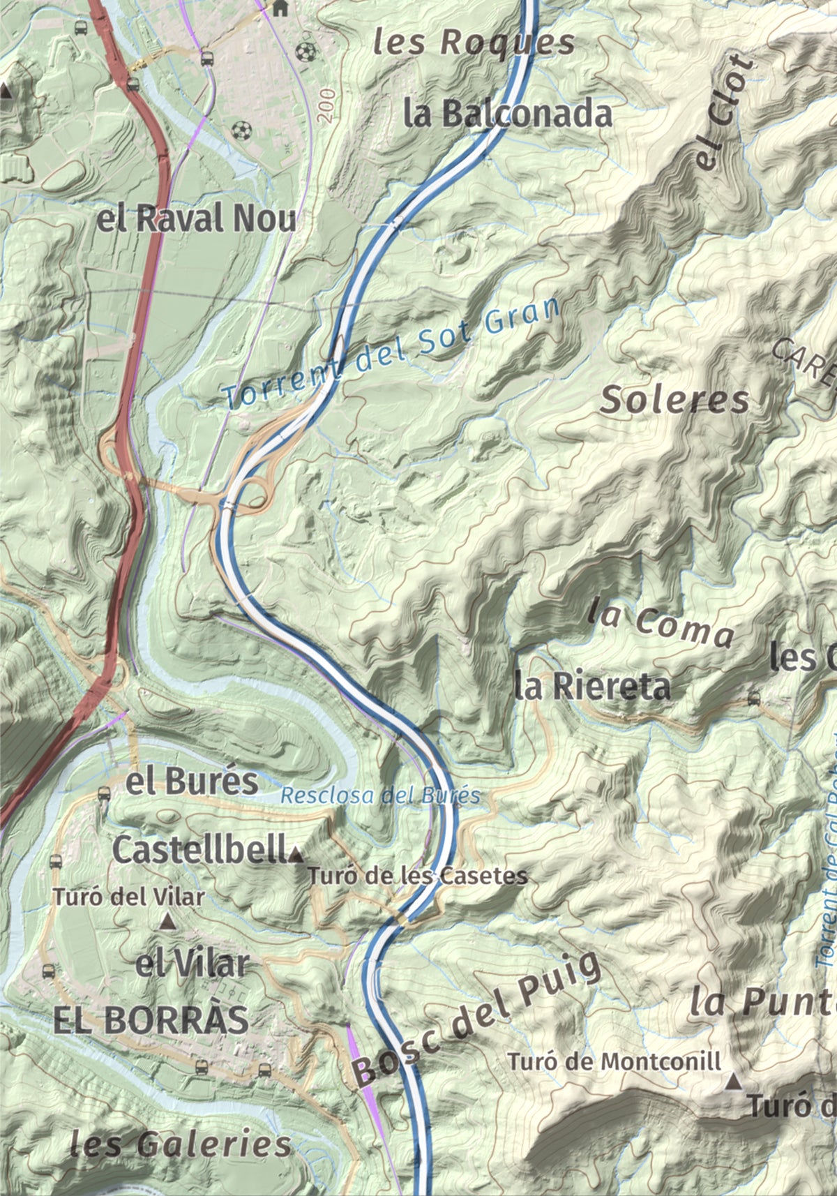 Mapa de relieve de Puigsoler, 524 m, Bages, lámina 100 Cims de Trobart. Detalle de la zona inferior izquierda. 21 × 30 cm.
