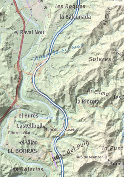 Mapa de relieve de Puigsoler, 524 m, Bages, lámina 100 Cims de Trobart. Detalle de la zona inferior izquierda. 21 × 30 cm.