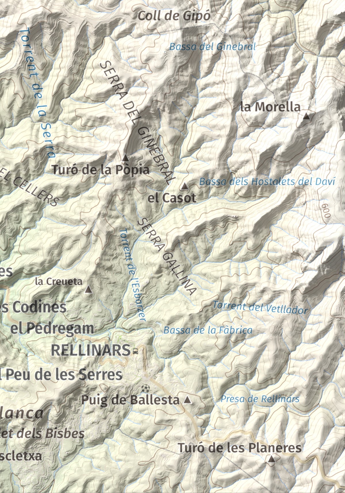 Mapa de relieve de Puigsoler, 524 m, Bages, lámina 100 Cims de Trobart. Detalle de la zona inferior derecha. 21 × 30 cm.