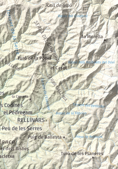 Mapa de relieve de Puigsoler, 524 m, Bages, lámina 100 Cims de Trobart. Detalle de la zona inferior derecha. 21 × 30 cm.