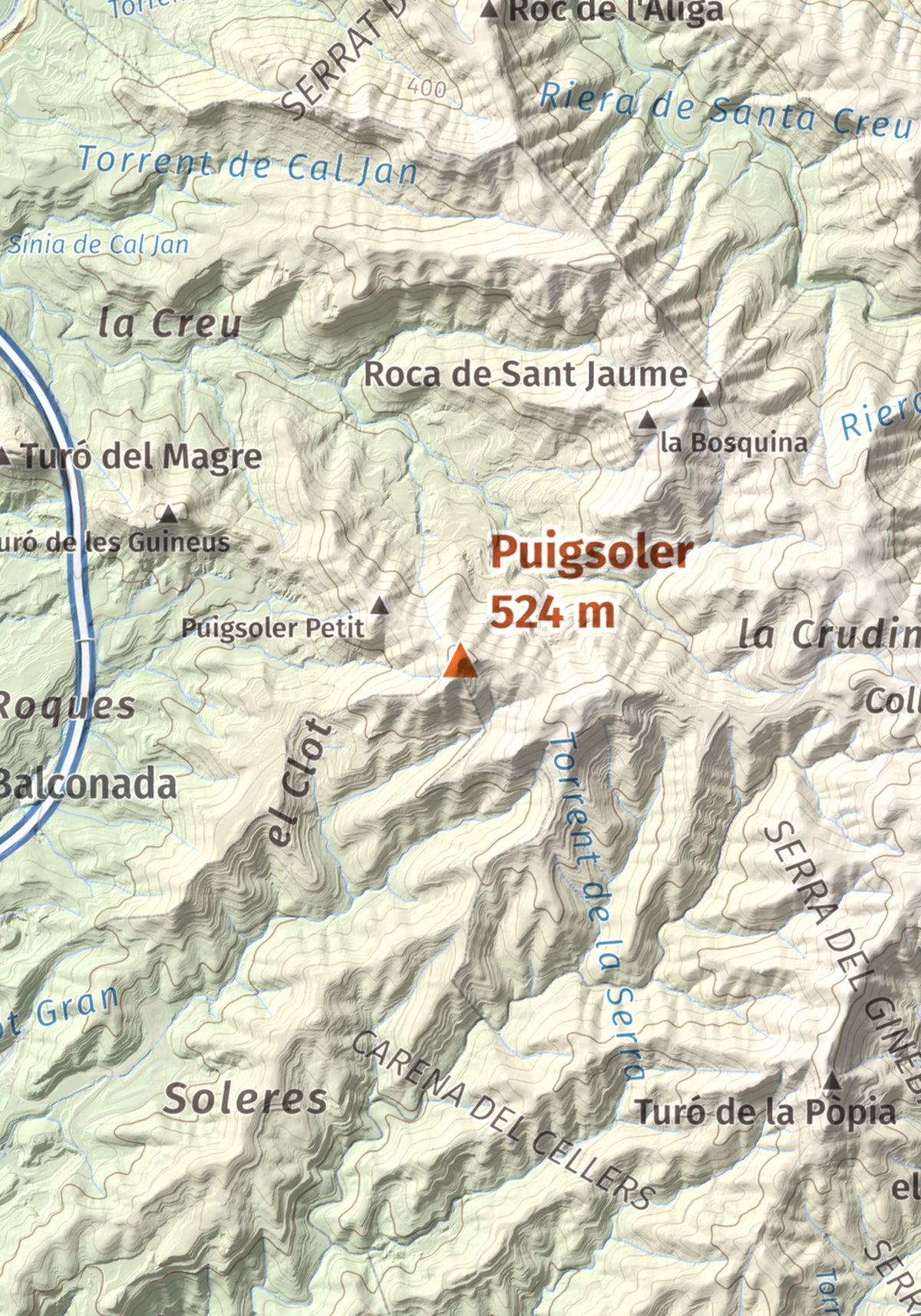 Mapa de relieve de Puigsoler, 524 m, Bages, lámina 100 Cims de Trobart. Detalle de la zona central. 21 × 30 cm.