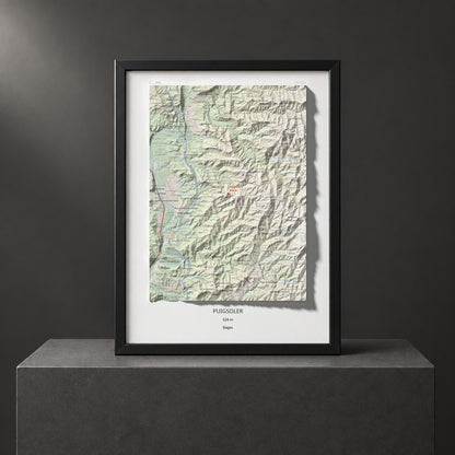 Mapa de relieve de Puigsoler, 524 m, Bages, lámina 100 Cims de Trobart. Presentación enmarcada. 30 × 40 cm.