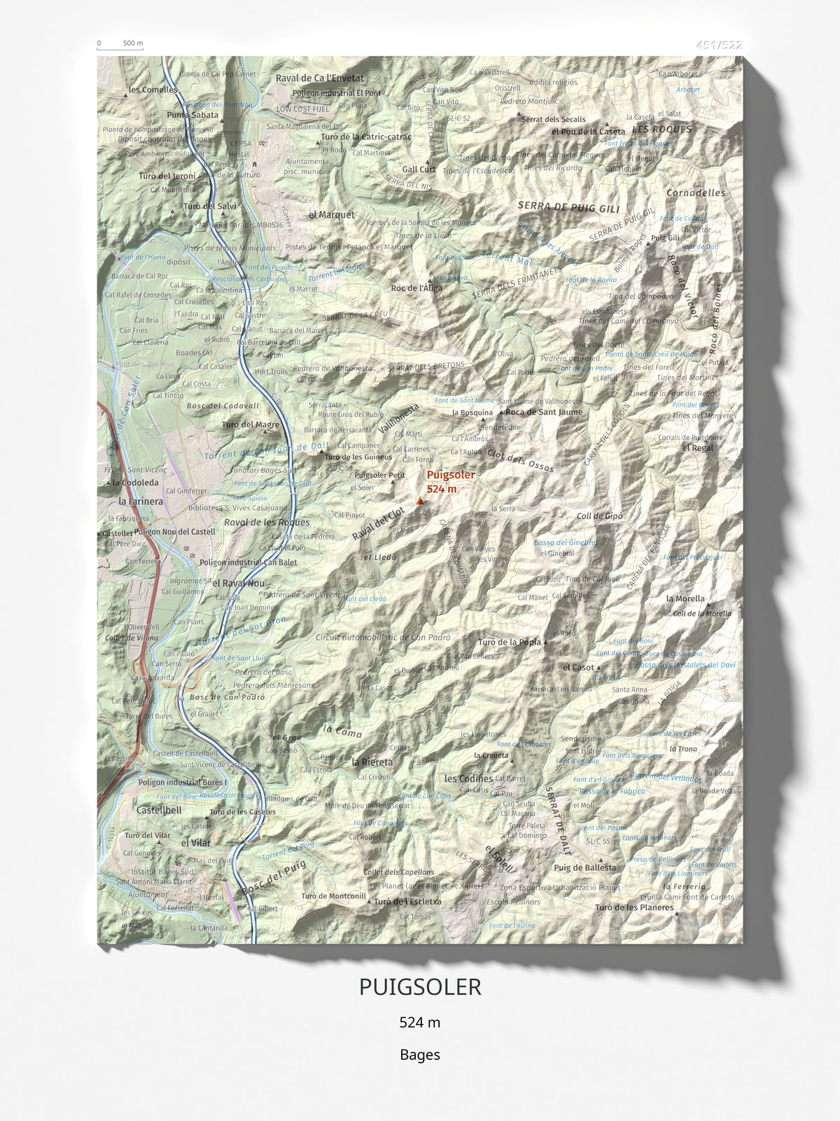 Mapa de relieve de Puigsoler, 524 m, Bages, lámina 100 Cims de Trobart 30 × 40 cm.