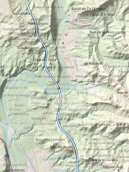Mapa de relieve de Puigsoler, 524 m, Bages, lámina 100 Cims de Trobart. Detalle de la zona superior izquierda. 30 × 40 cm.