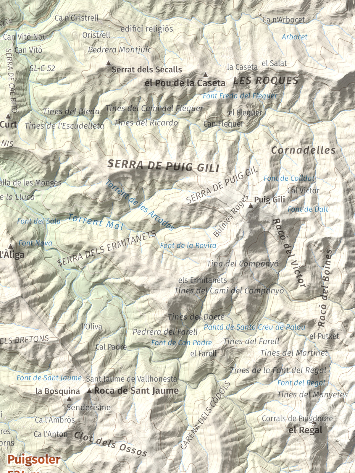 Mapa de relieve de Puigsoler, 524 m, Bages, lámina 100 Cims de Trobart. Detalle de la zona superior derecha. 30 × 40 cm.