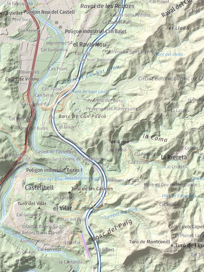 Mapa de relieve de Puigsoler, 524 m, Bages, lámina 100 Cims de Trobart. Detalle de la zona inferior izquierda. 30 × 40 cm.