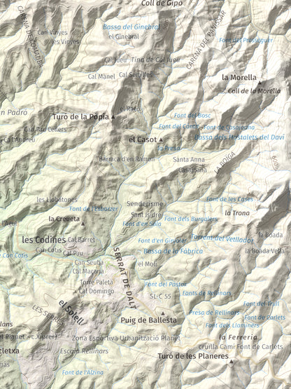 Mapa de relieve de Puigsoler, 524 m, Bages, lámina 100 Cims de Trobart. Detalle de la zona inferior derecha. 30 × 40 cm.