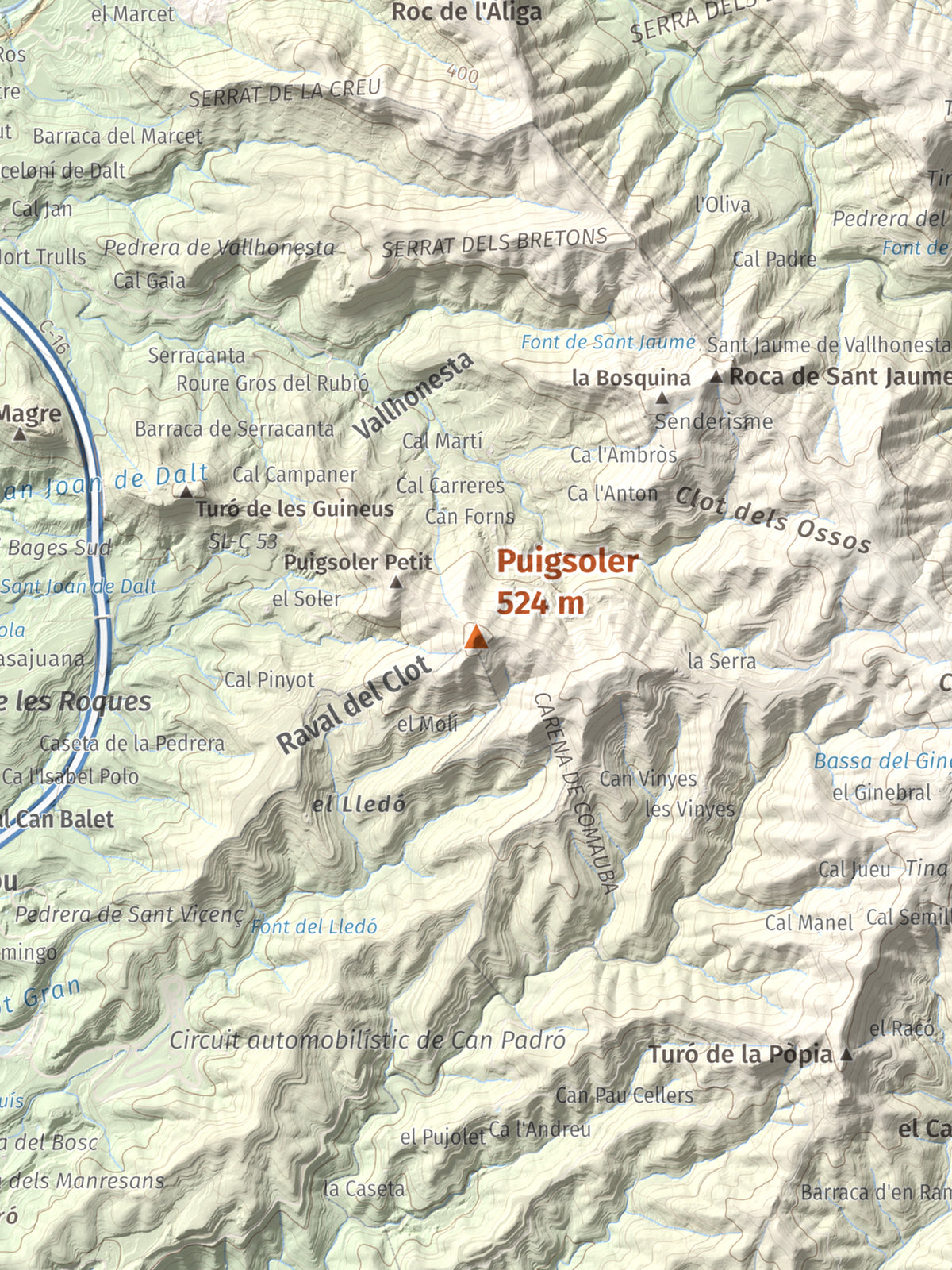 Mapa de relieve de Puigsoler, 524 m, Bages, lámina 100 Cims de Trobart. Detalle de la zona central. 30 × 40 cm.