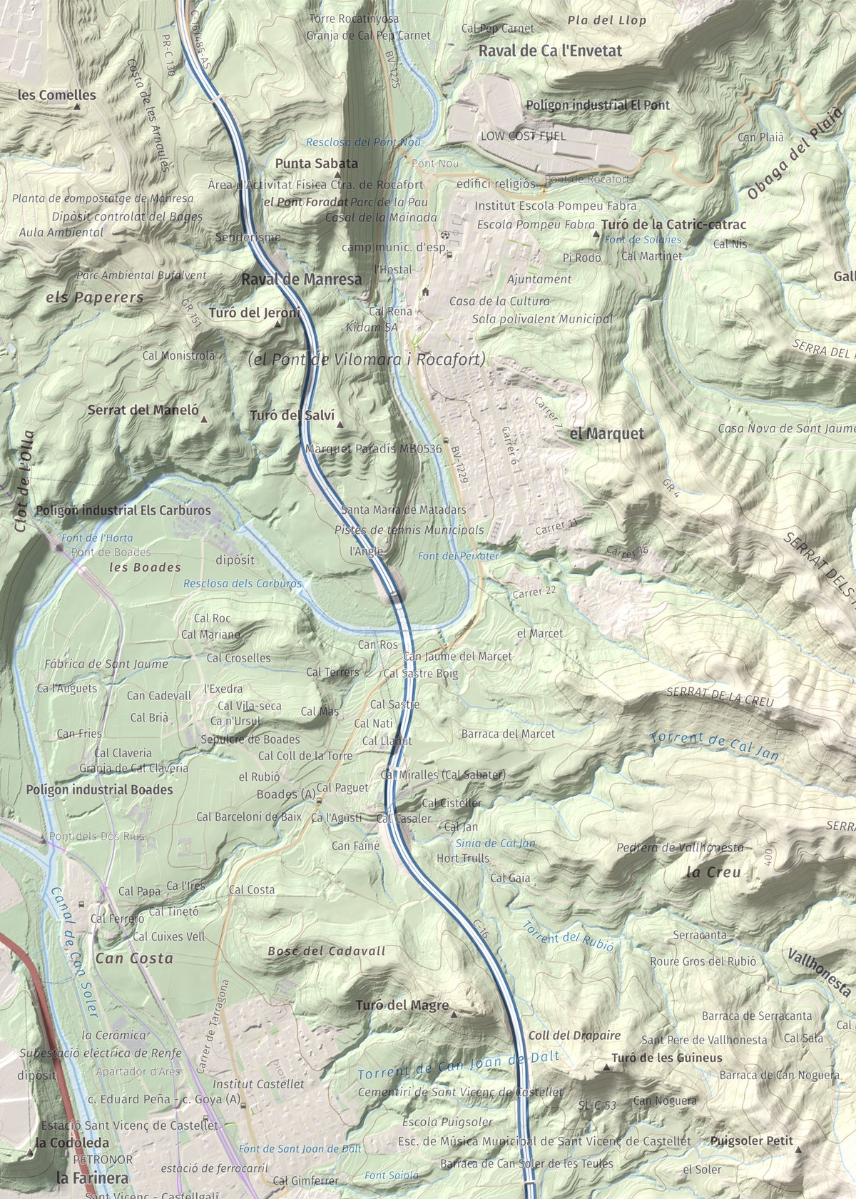 Mapa de relieve de Puigsoler, 524 m, Bages, lámina 100 Cims de Trobart. Detalle de la zona superior izquierda. 50 × 70 cm.