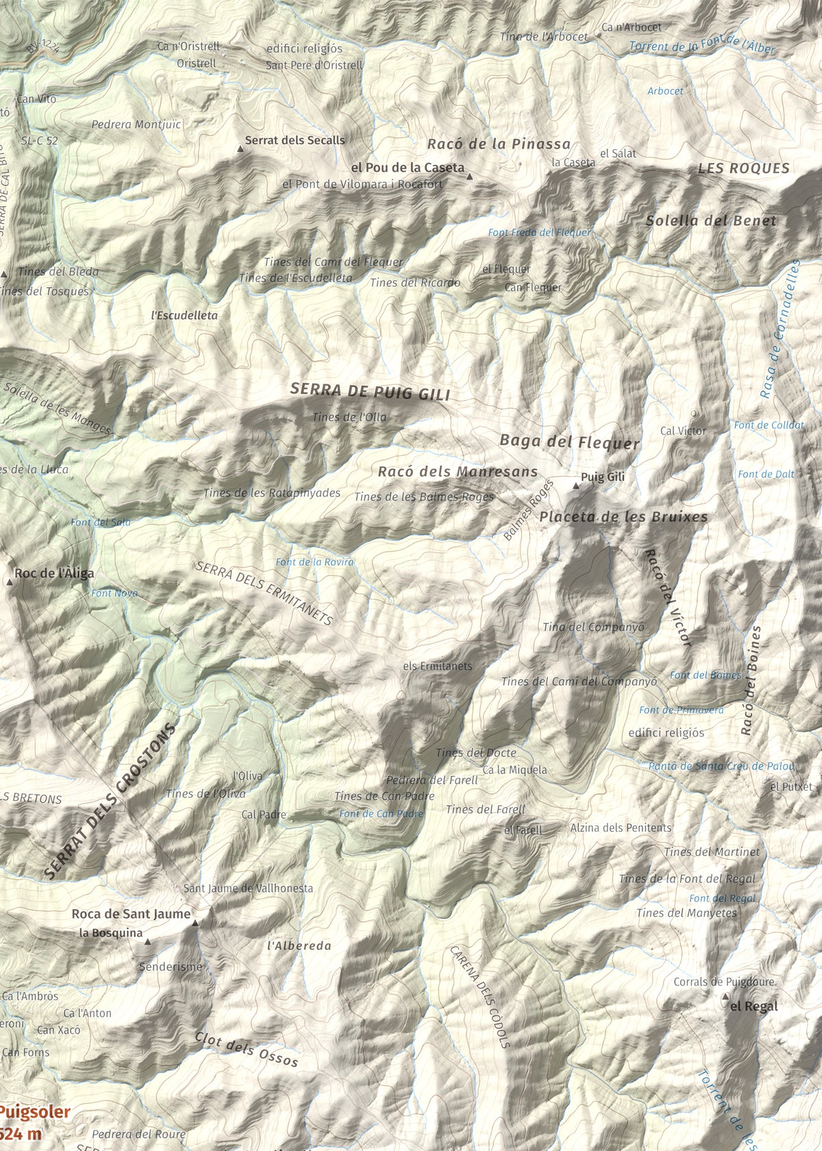 Mapa de relieve de Puigsoler, 524 m, Bages, lámina 100 Cims de Trobart. Detalle de la zona superior derecha. 50 × 70 cm.