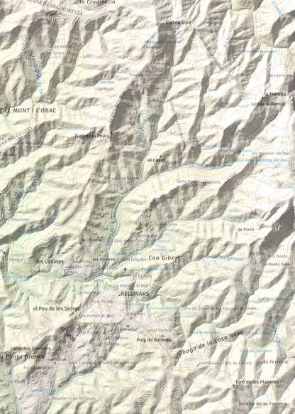 Mapa de relieve de Puigsoler, 524 m, Bages, lámina 100 Cims de Trobart. Detalle de la zona inferior derecha. 50 × 70 cm.