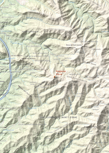 Mapa de relieve de Puigsoler, 524 m, Bages, lámina 100 Cims de Trobart. Detalle de la zona central. 50 × 70 cm.