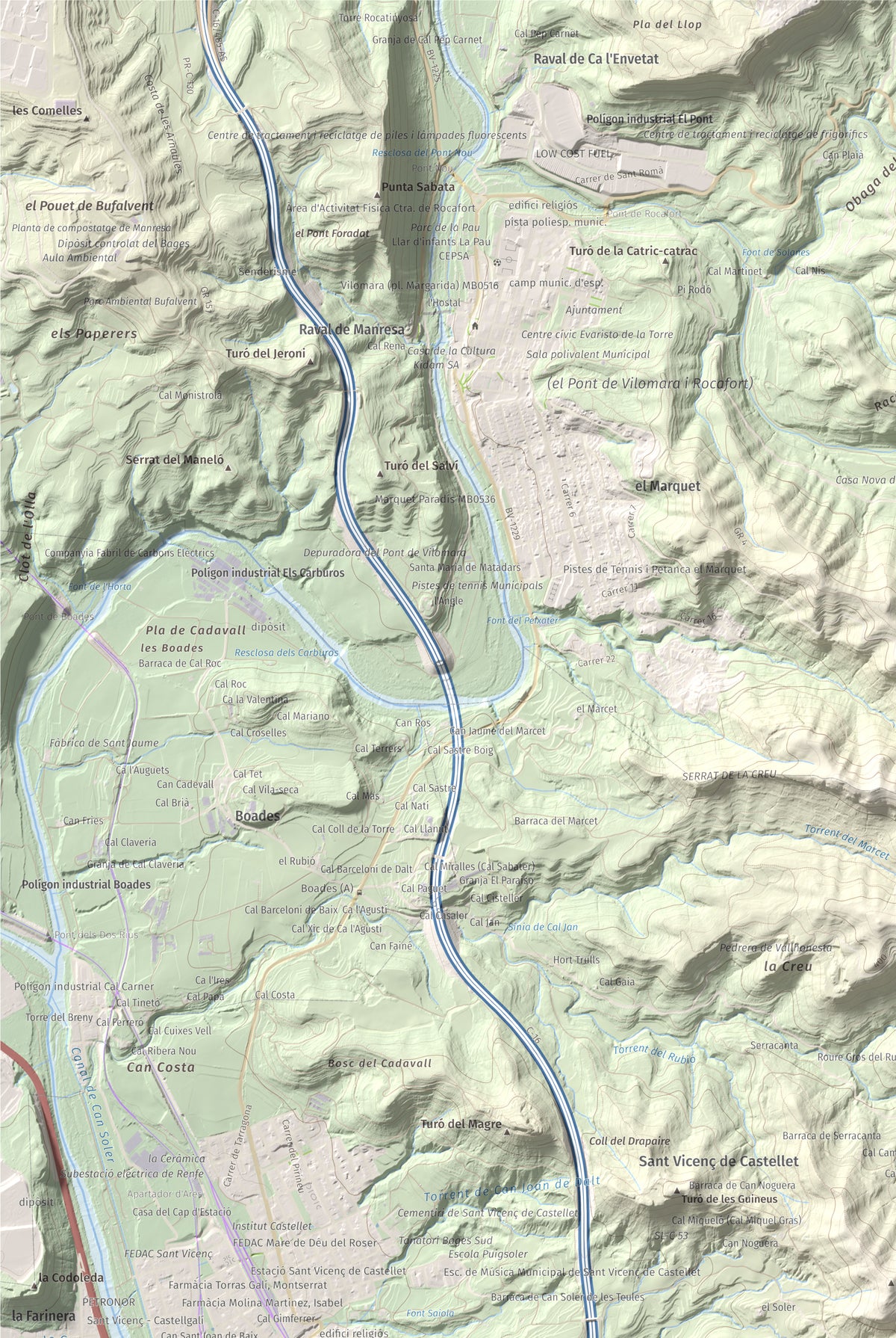 Mapa de relieve de Puigsoler, 524 m, Bages, lámina 100 Cims de Trobart. Detalle de la zona superior izquierda. 61 × 91 cm.