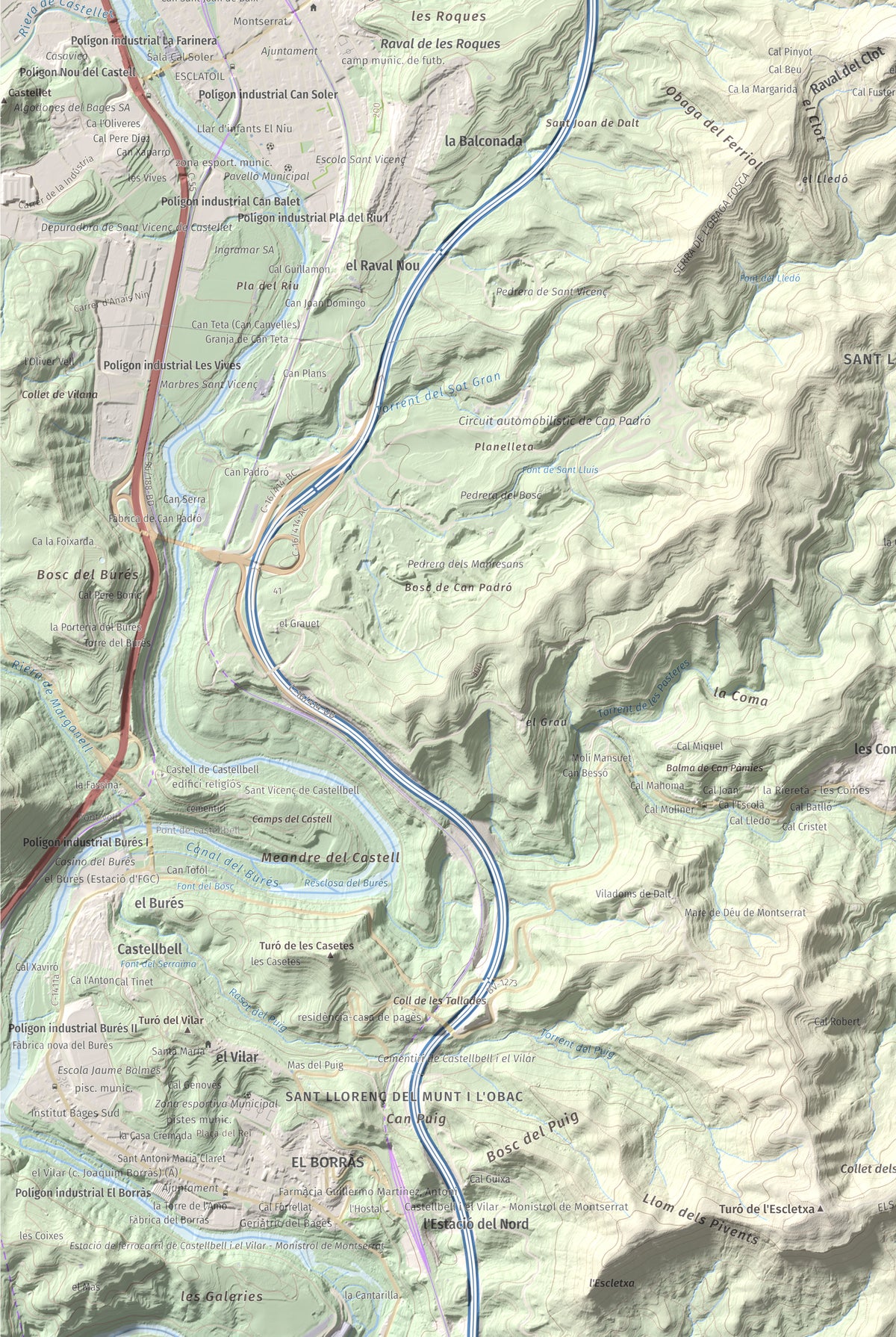 Mapa de relieve de Puigsoler, 524 m, Bages, lámina 100 Cims de Trobart. Detalle de la zona inferior izquierda. 61 × 91 cm.
