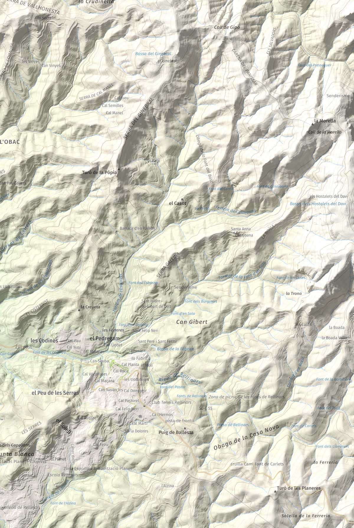 Mapa de relieve de Puigsoler, 524 m, Bages, lámina 100 Cims de Trobart. Detalle de la zona inferior derecha. 61 × 91 cm.