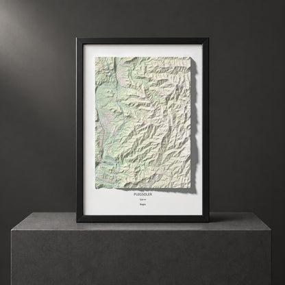 Mapa de relieve de Puigsoler, 524 m, Bages, lámina 100 Cims de Trobart. Presentación enmarcada. 70 × 100 cm.