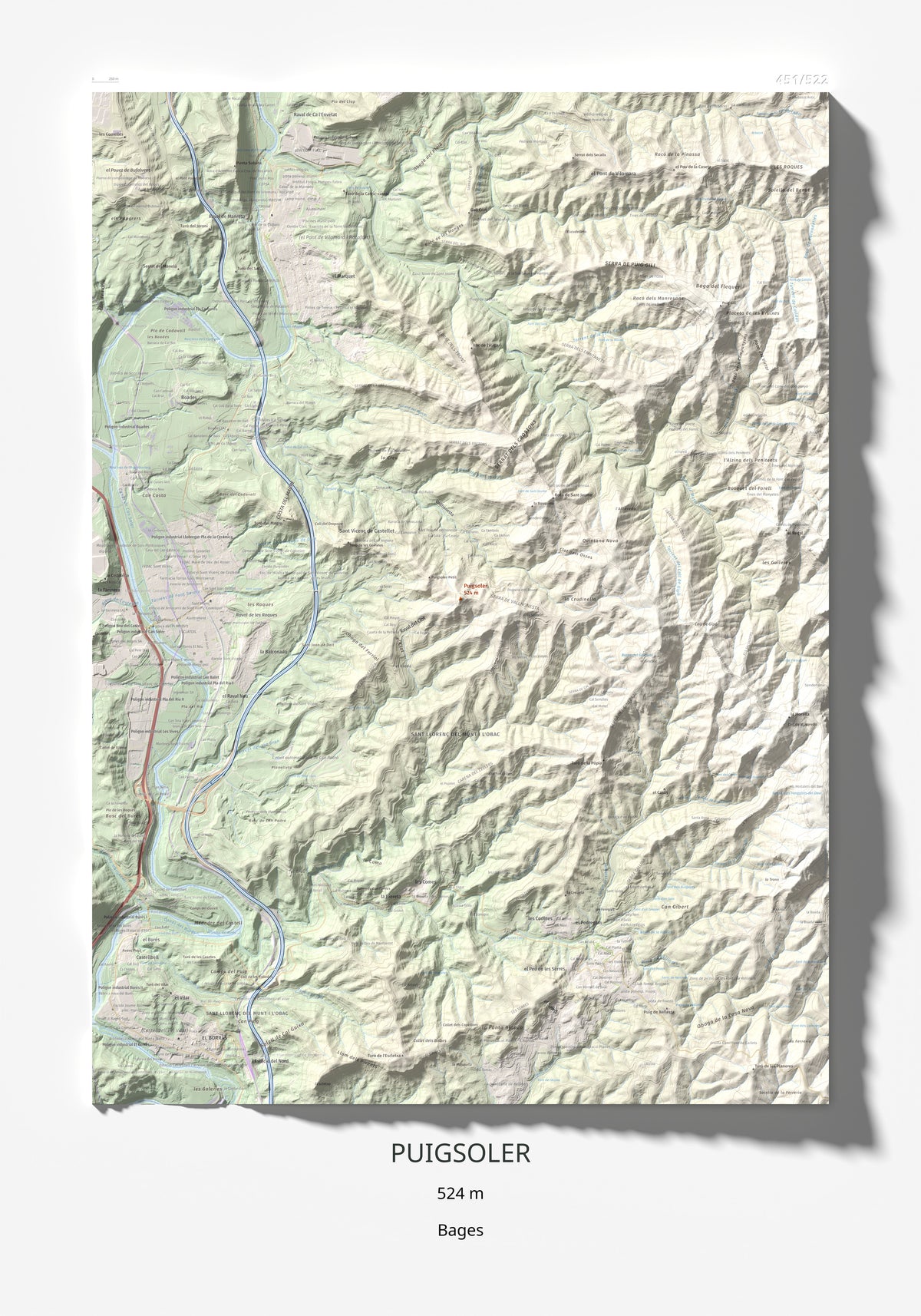 Mapa de relieve de Puigsoler, 524 m, Bages, lámina 100 Cims de Trobart 70 × 100 cm.