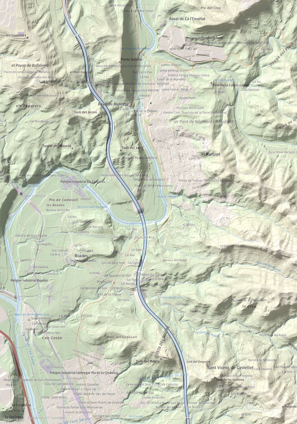 Mapa de relieve de Puigsoler, 524 m, Bages, lámina 100 Cims de Trobart. Detalle de la zona superior izquierda. 70 × 100 cm.