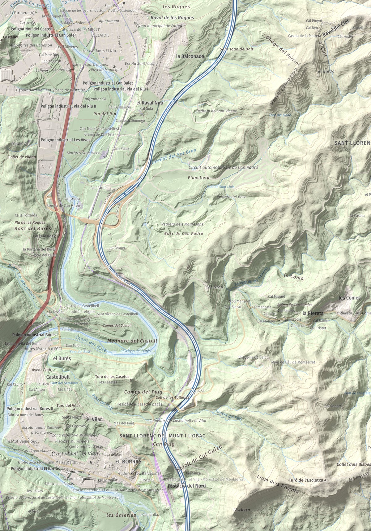 Mapa de relieve de Puigsoler, 524 m, Bages, lámina 100 Cims de Trobart. Detalle de la zona inferior izquierda. 70 × 100 cm.