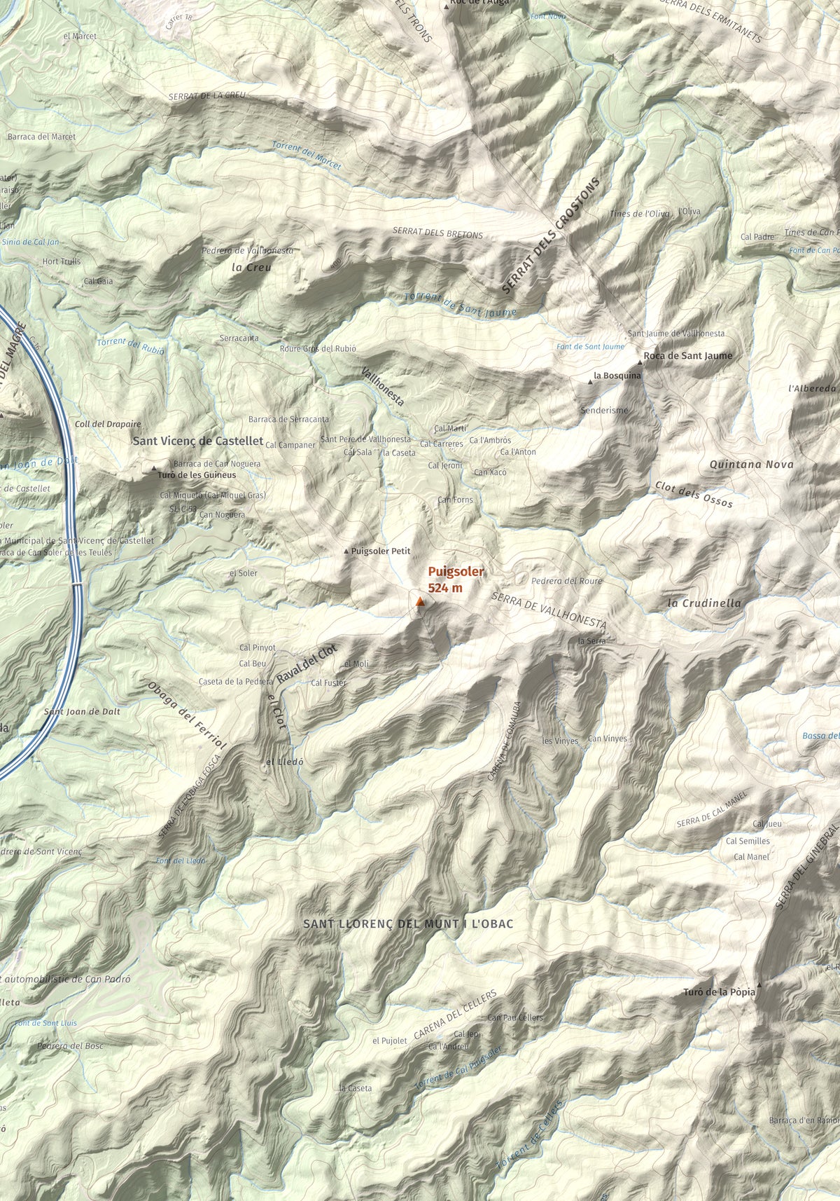 Mapa de relieve de Puigsoler, 524 m, Bages, lámina 100 Cims de Trobart. Detalle de la zona central. 70 × 100 cm.